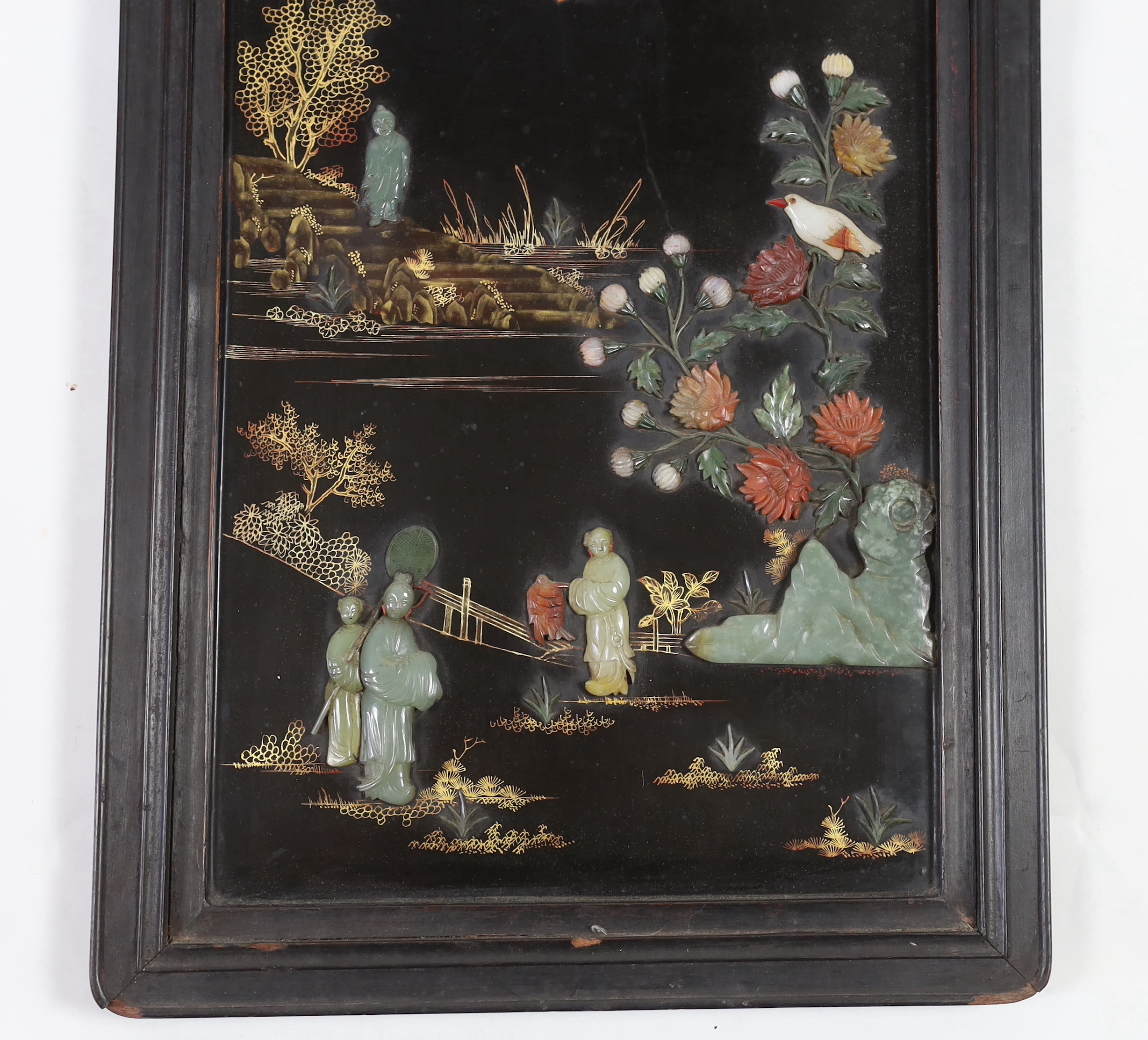 A Chinese jade mounted lacquer panel, 20th century, one applied jade figure Qing dynasty